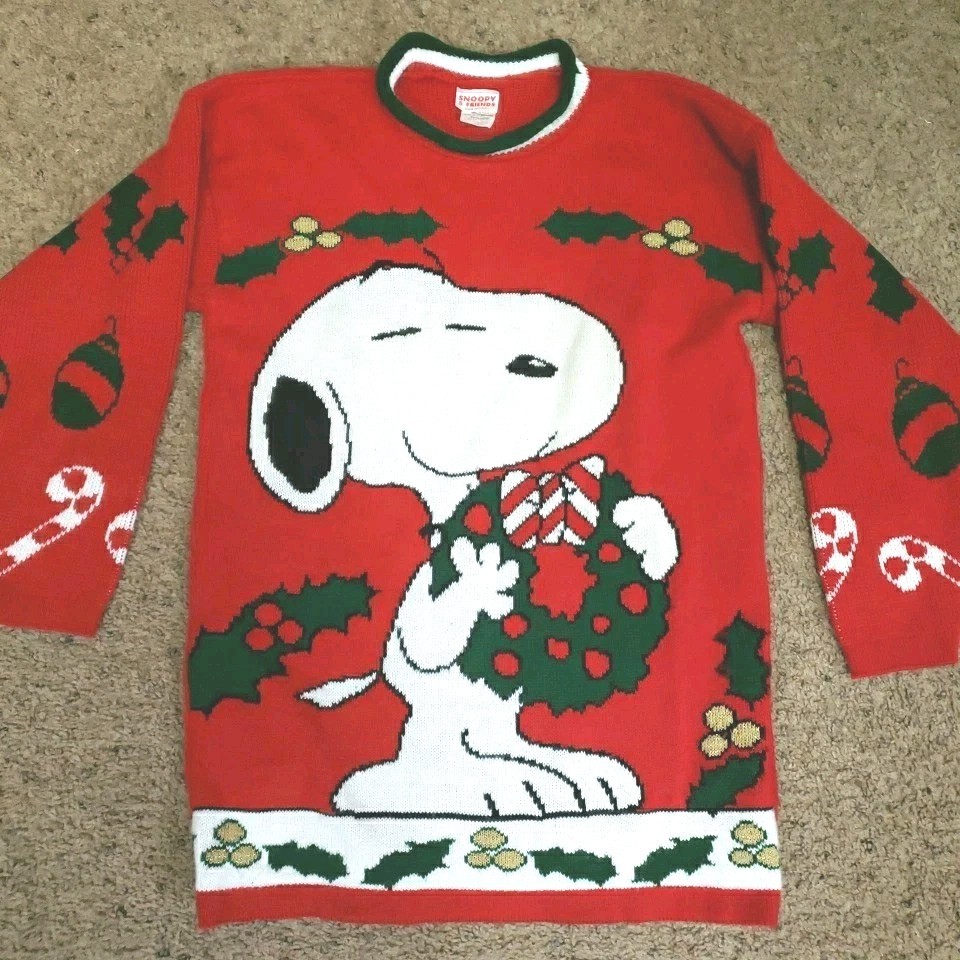 Vintage 80s Snoopy & Friends Peanuts Red Christmas Sweater Large Made In USA