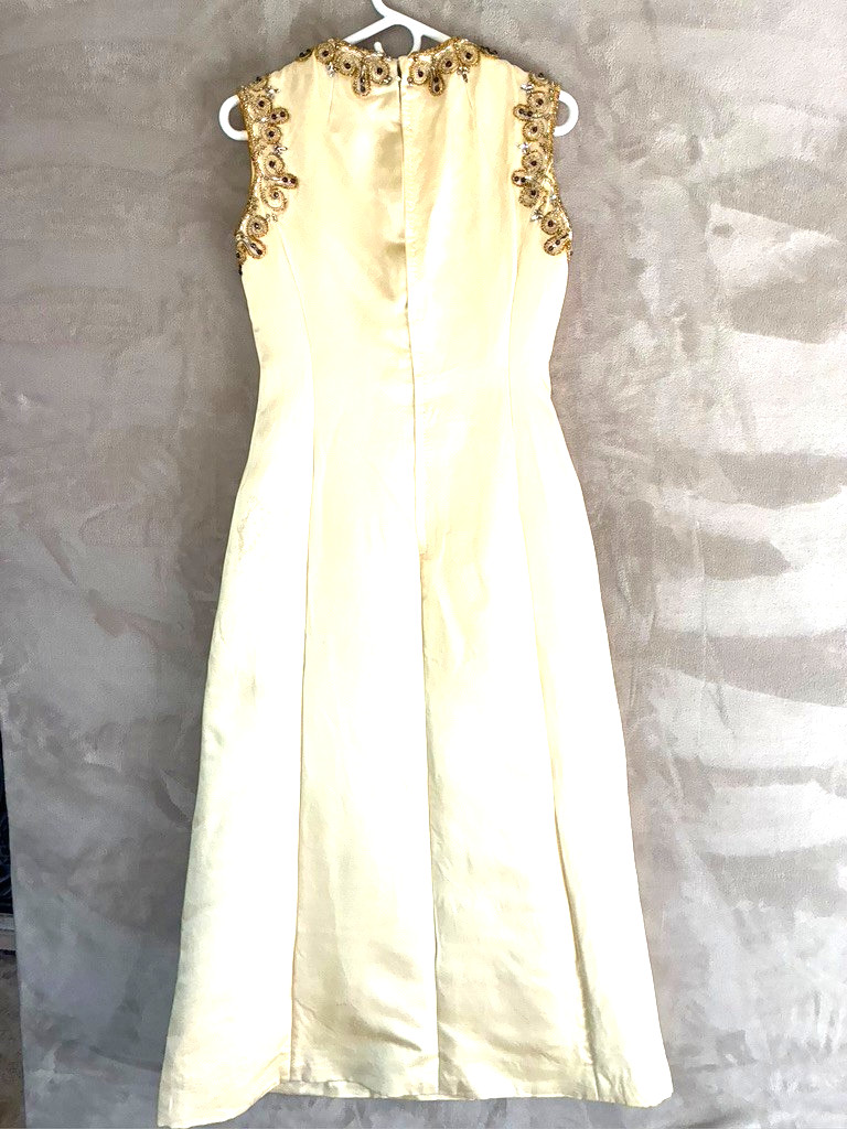 VTG 50’s 60’s Formal Women’s Gown Butter Yellow S Sleeveless Embellished Lined