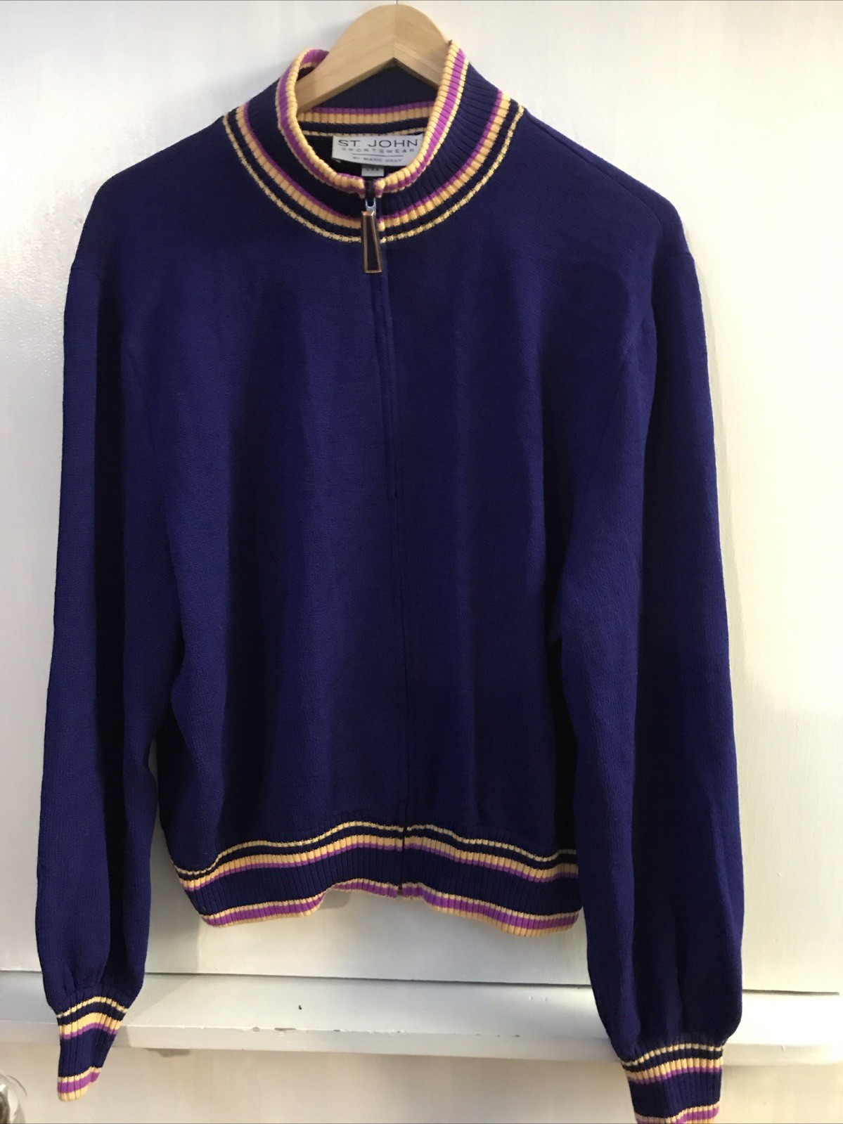 Vintage St. John Sportswear By Marie Gray Size L Sweater Navy Blue Striped Trim