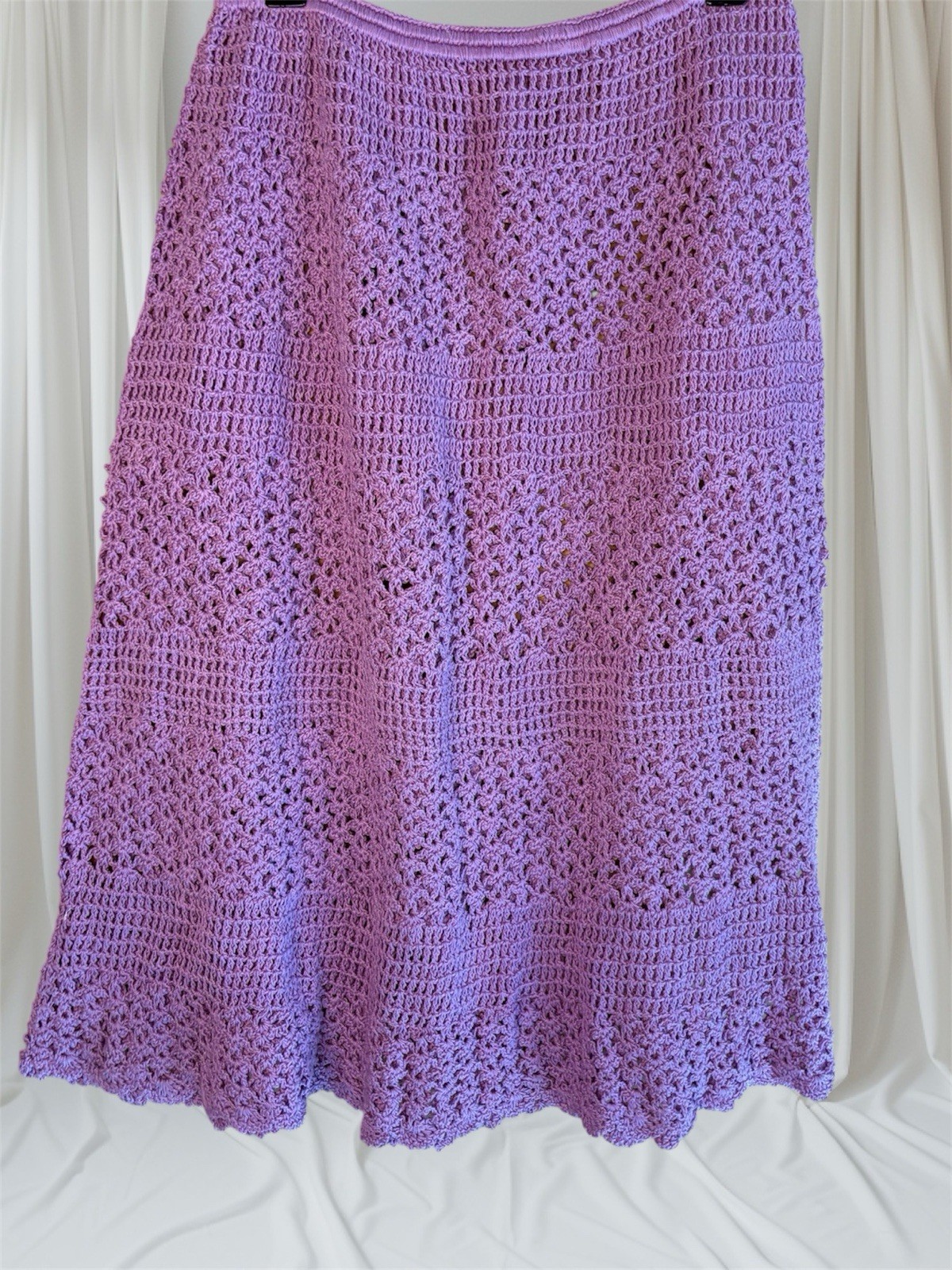 VTG Lavender Crochet Knee Length Skirt Women’s Sz S/M WAIST 24-32” Boho Hippy