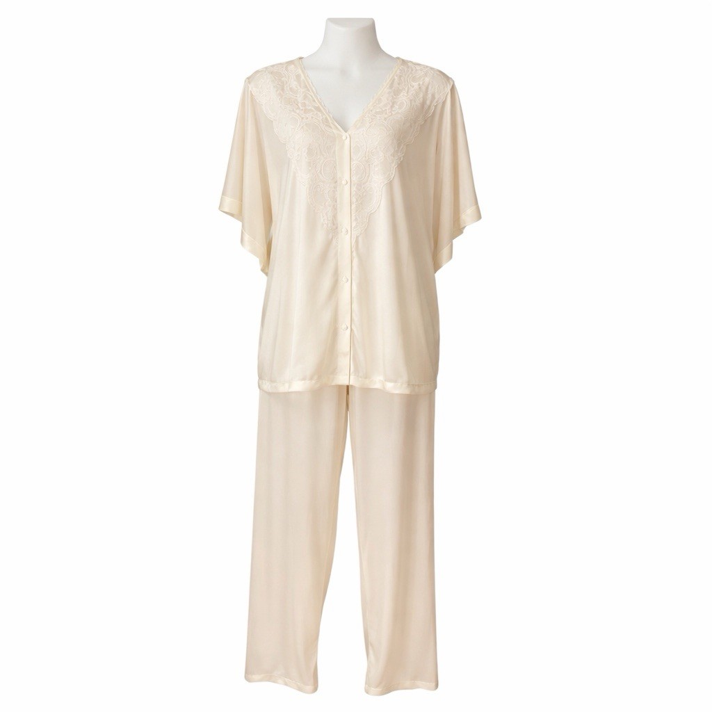 Vtg Soft Moments 2-Piece Pajama Set Pale Yellow Lace Sz M 1970s NOS NWT USA