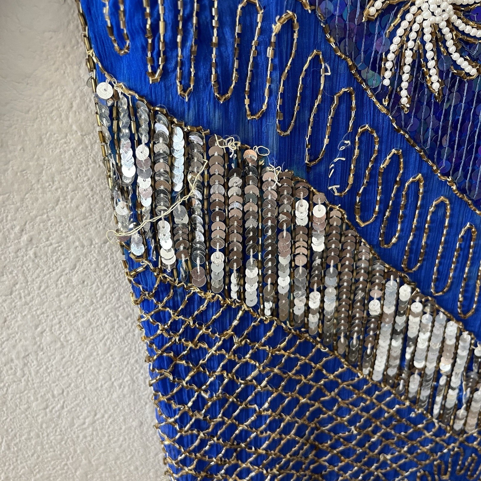 Vintage 80’s Chanson D’Amour Womens Flapper Dress 100% Silk Sequin Beaded Blue
