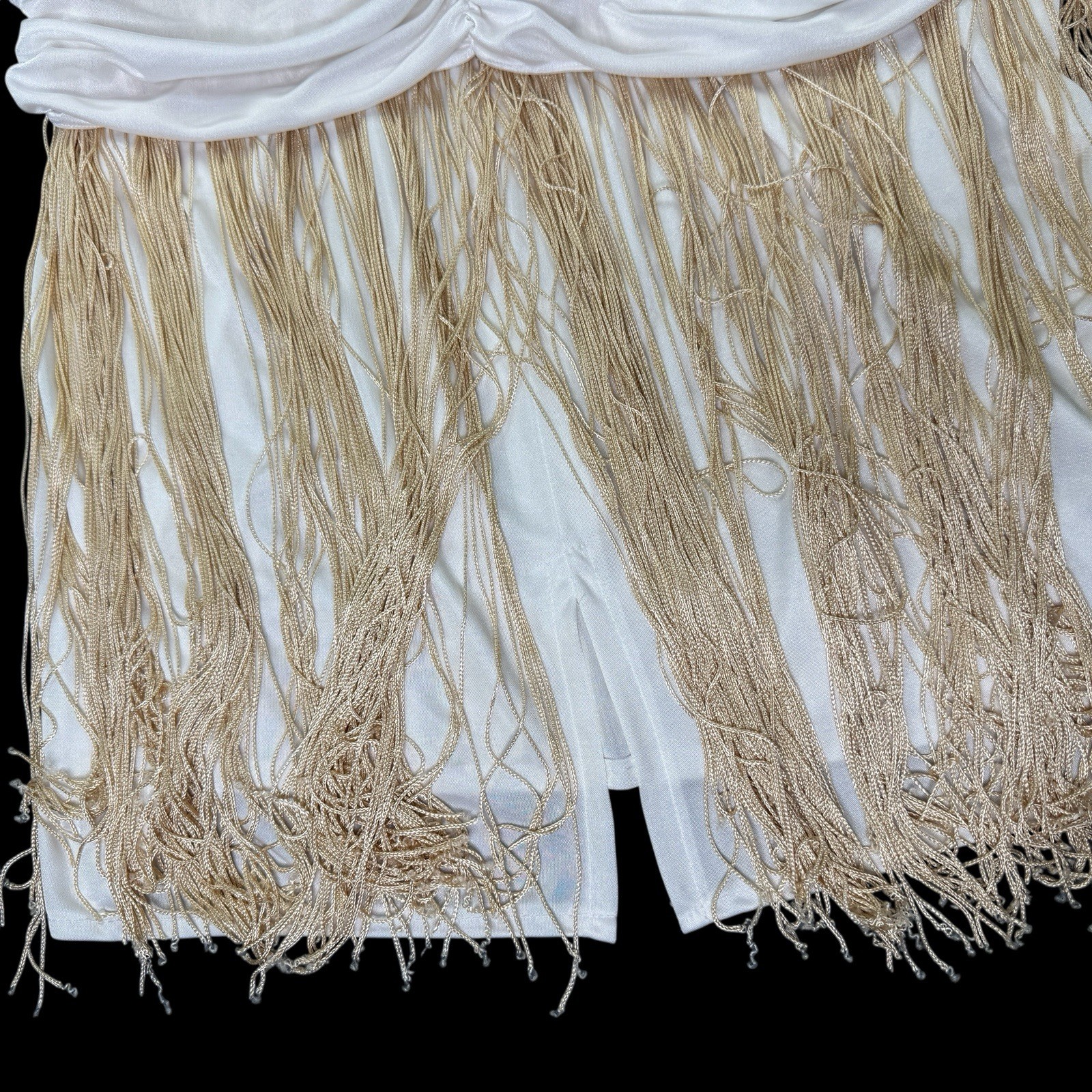Vintage Filigree California Disco Fringe Cocktail Dress White Gold VNeck Sz 14