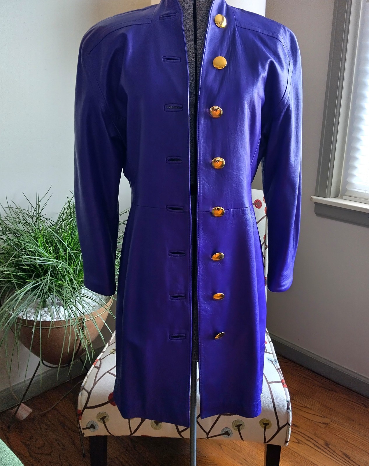 1980s Purple Leather Coat Jacket Made in Italy Size 6 Gold Buttons Prince Style