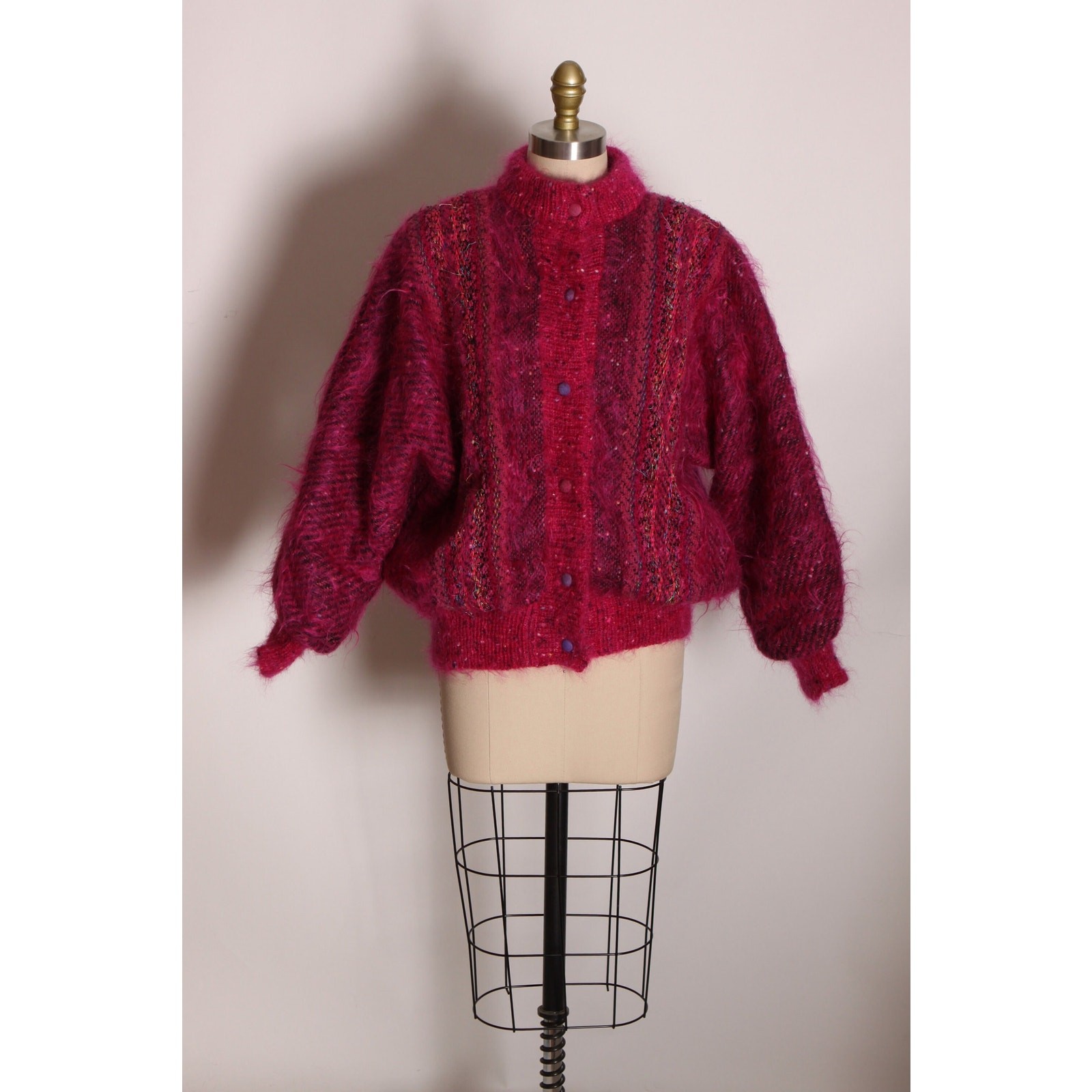1980s Hot Pink Fuzzy Mohair Knit Funky Metal Snap Bomber Jacket by Jinx Senior