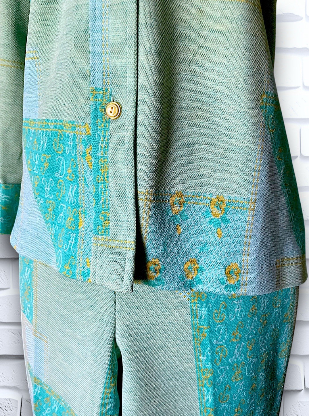 1960’s Teal, Sea Foam Green & Yellow Patchwork & Monogram Pattern Suit Spring