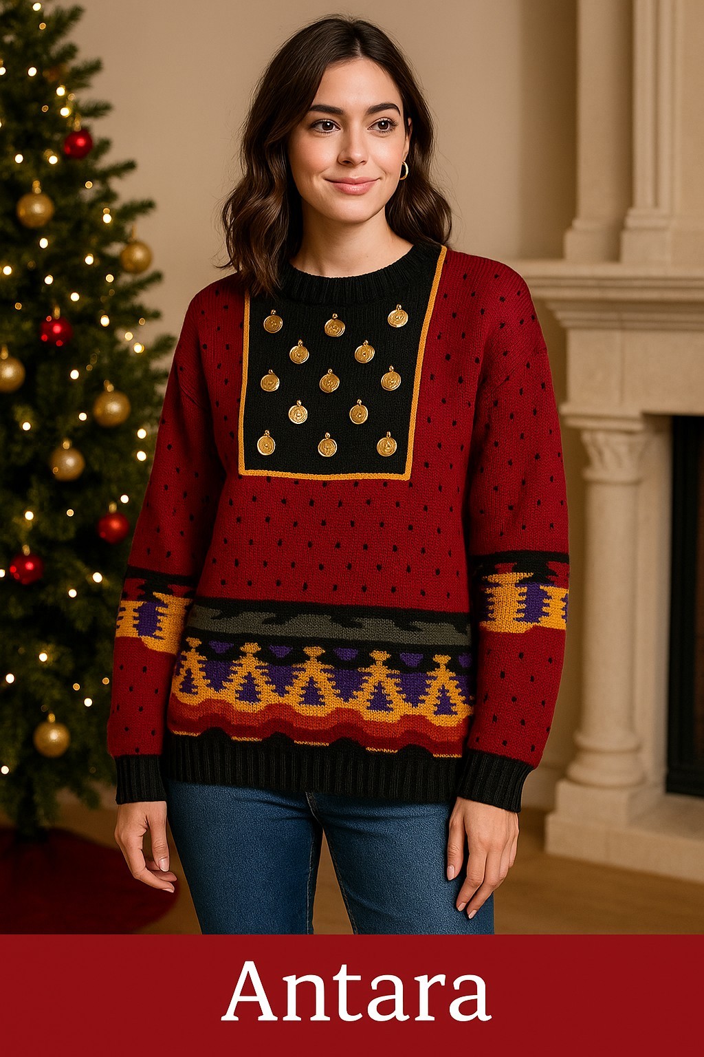 Vintage Antara Sweater 80s 90s Southwestern Tribal Coin Medallion Knit Black Red