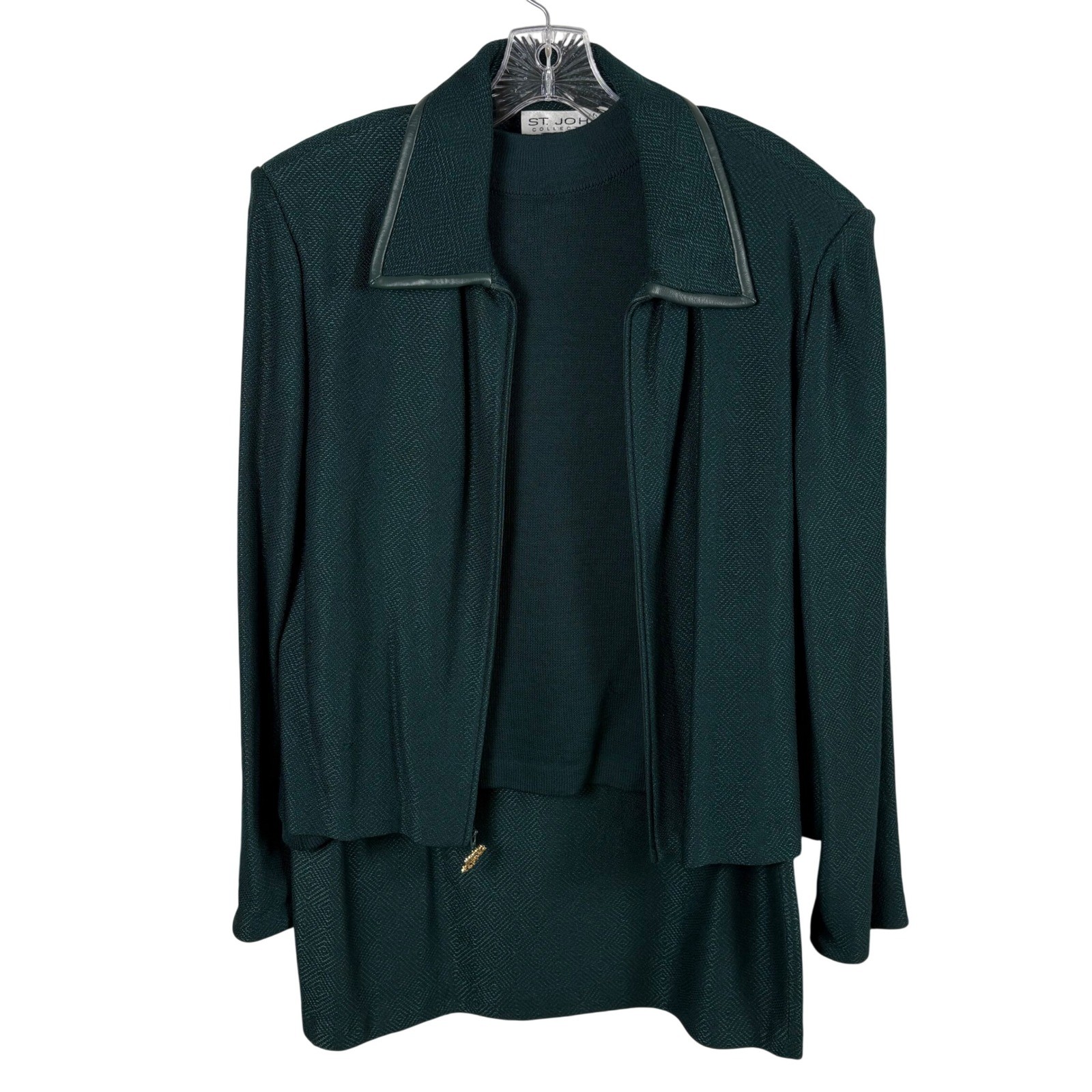 Vtg St. John Collection Skirt Suit 16 Green 3pc Knit Designer Quiet Luxury