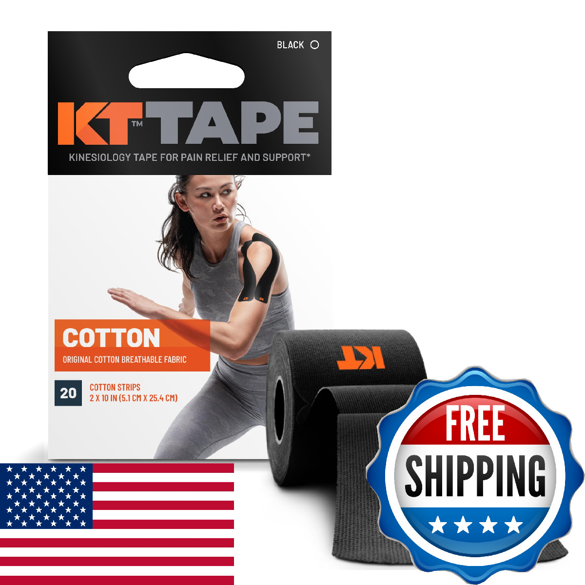 KT Tape Original Cotton Kinesiology Athletic Tape, 20 Ct, 10″ Precut