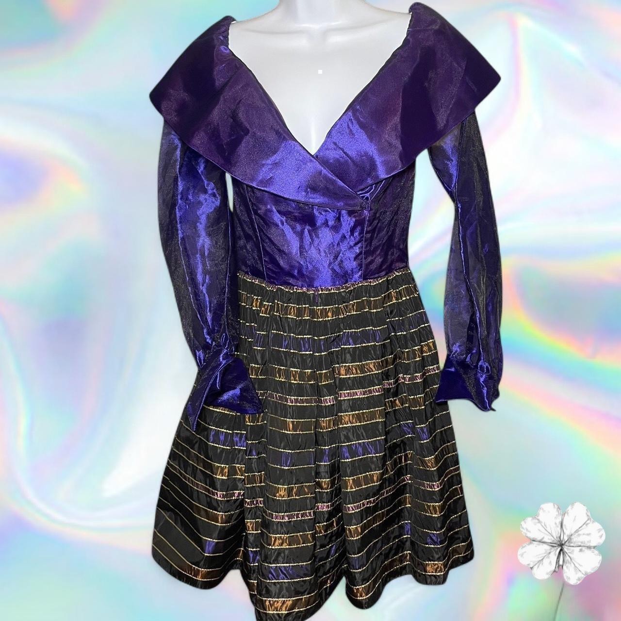 80s Vintage Karen Lucas For Niki Metallic Purple Off Shoulder Dress Size 4