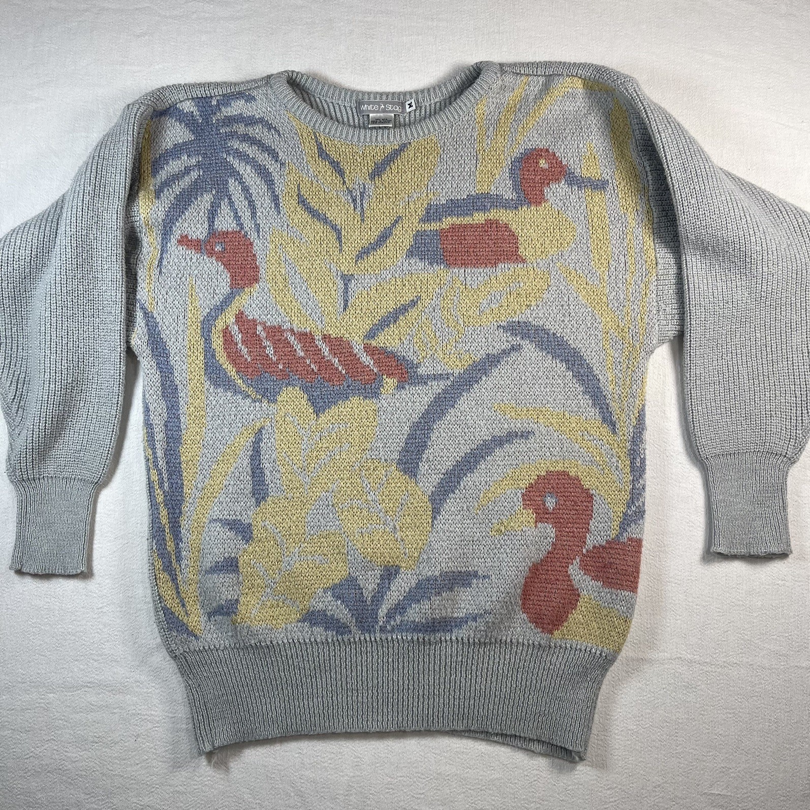 Ducks in the reeds Knit Sweater, mallard grey blue pink yellow animal print