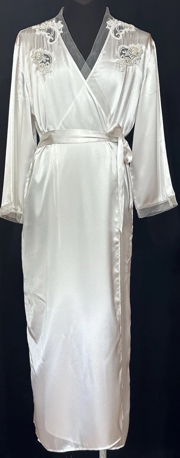 Intimo Amore Bridal Robe L White Satin Pearl Beaded Lace Applique Long Y2K