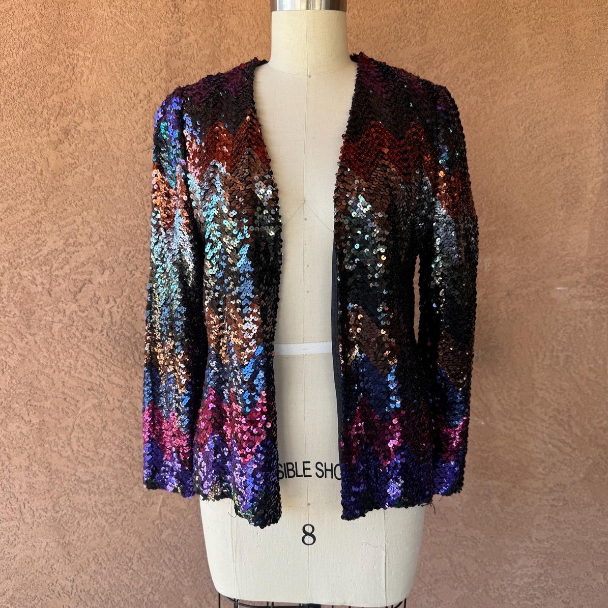 Vintage 80s Sequin Jacket Multicolor Iridescent Chevron Zigzag Evening Wear