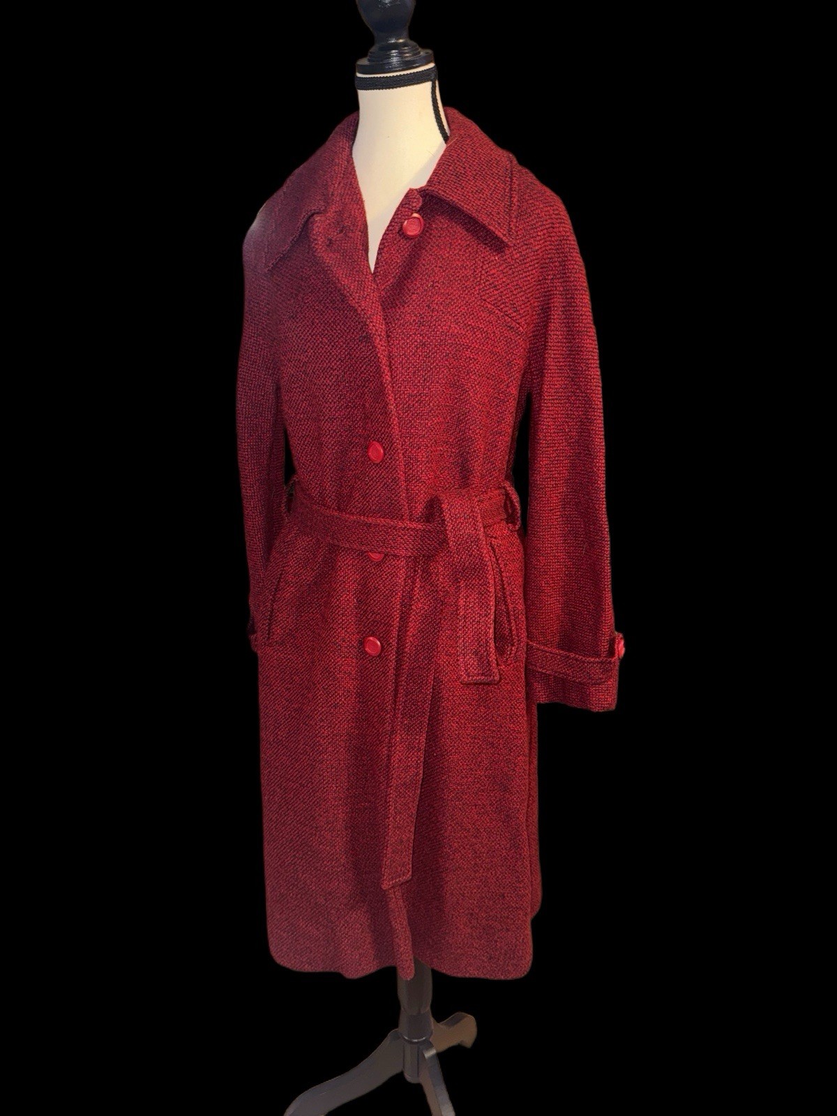 1960’s 1950’s Red Black Tweed Swing Trench Coat Wool Blend Classy Dressy Belted