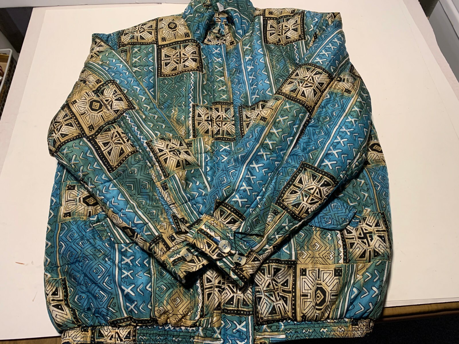 Vtg FUDA INTERNATIONAL Silk Bomber Jacket Womens Sz M BLUES GREEN BROWNS EUC