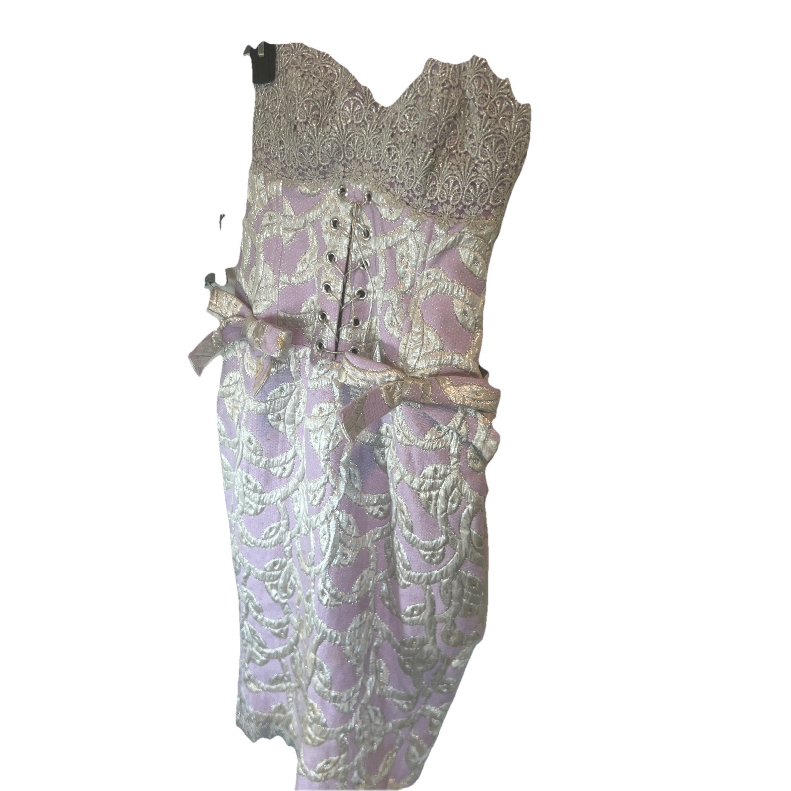 80s Lavender & Silver Brocade Corset Dress Lace Up Back Peplum Bows Detailed