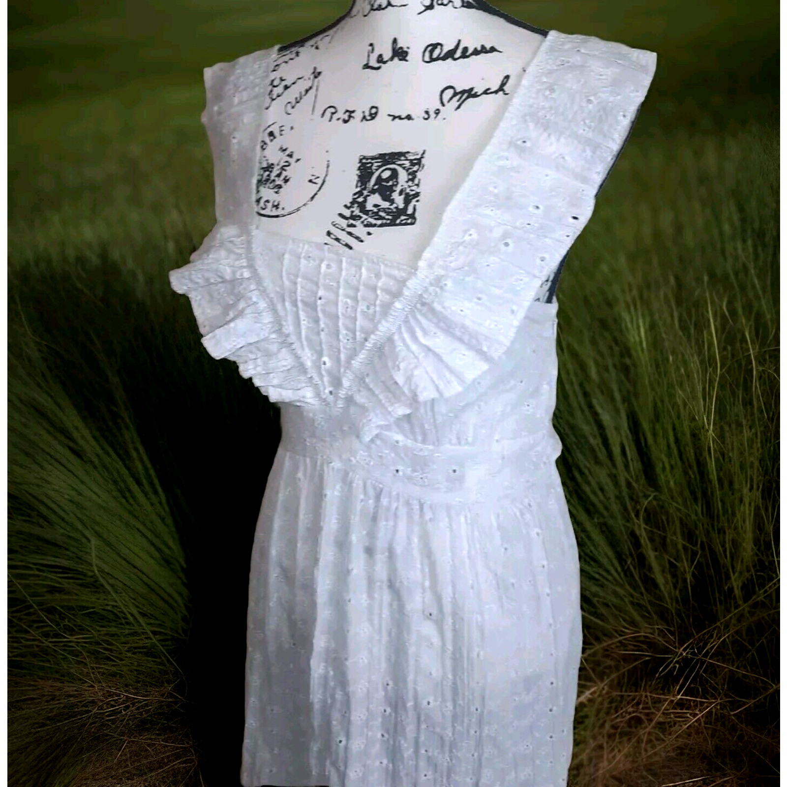 Vtg Eyelet Lace Ruffle Bow Pinafore Midi Dress Sz M White Cottagecore Coquette