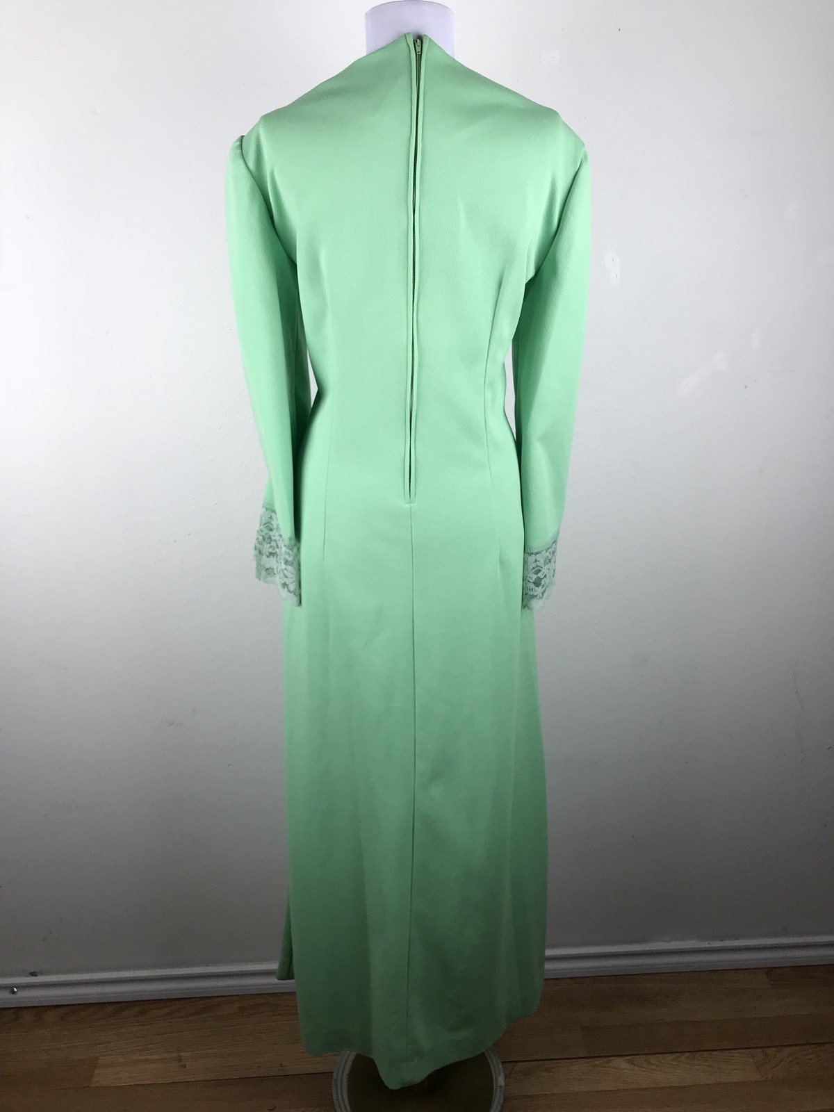 Vintage 1960s Maxi Dress Polyester Floral Lace Long Sleeves Green M L