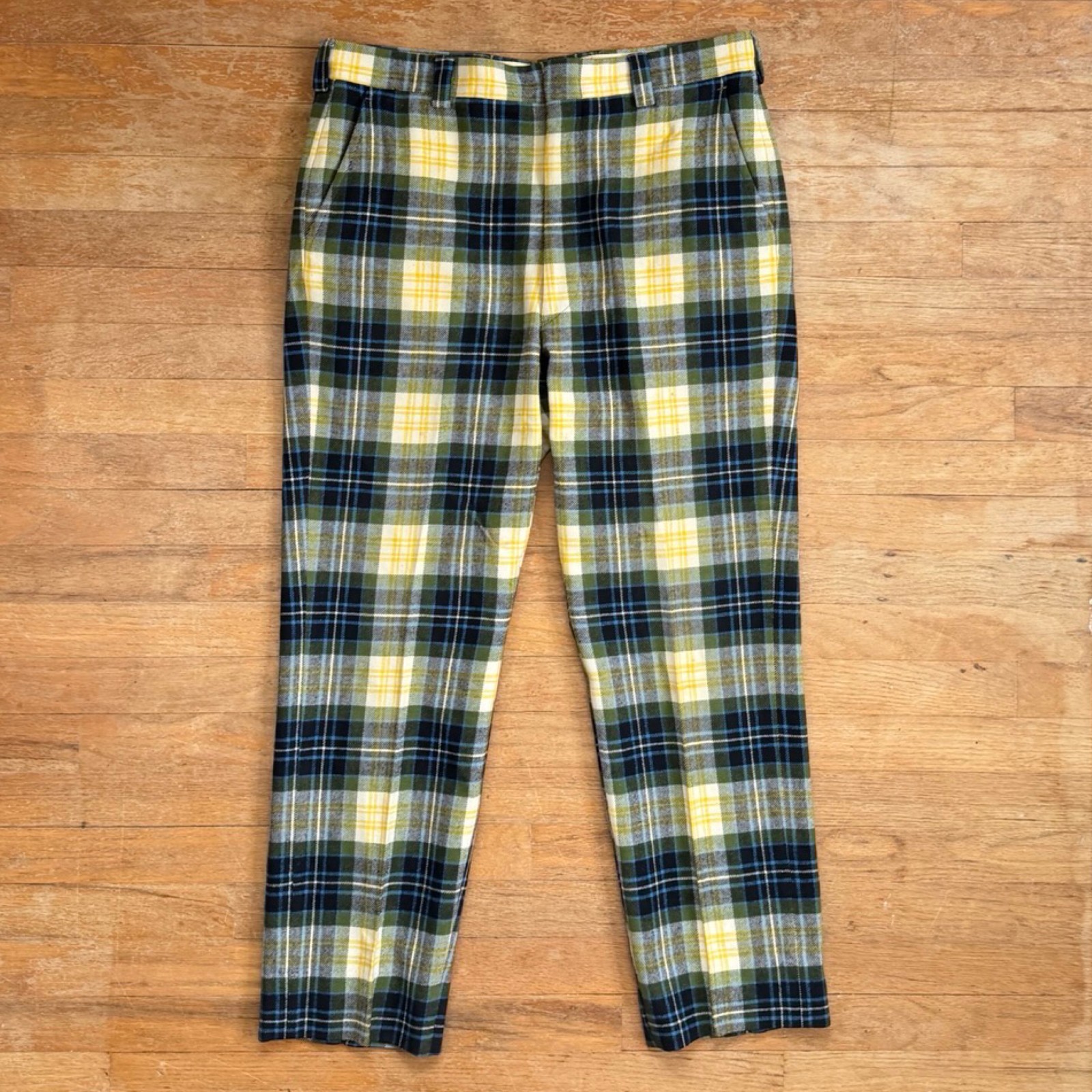 Vintage Mens Tartan Wool Pants Size 34×29 Waist 1960s Plaid Trousers