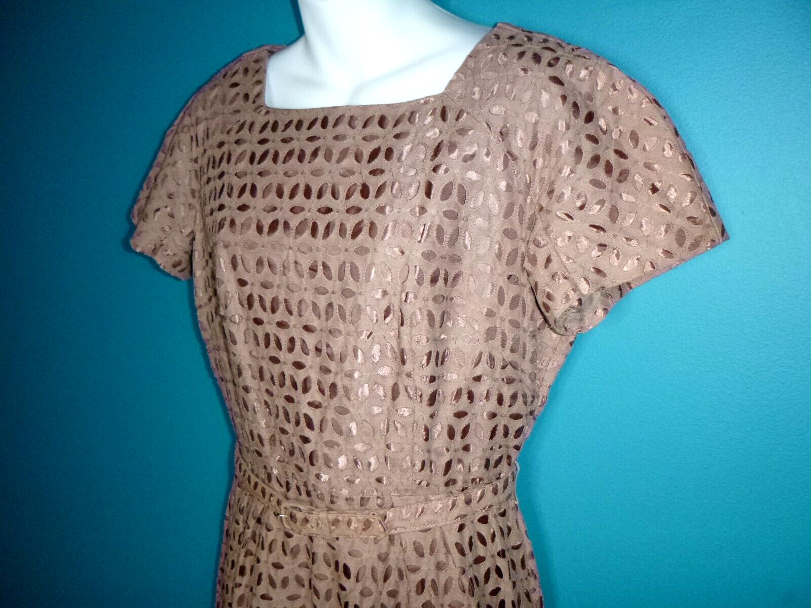 Vtg 50s Ann Allyn Cocoa Brown 2 Layer Sheath Dress W Belt Eyelet over Satin M/L