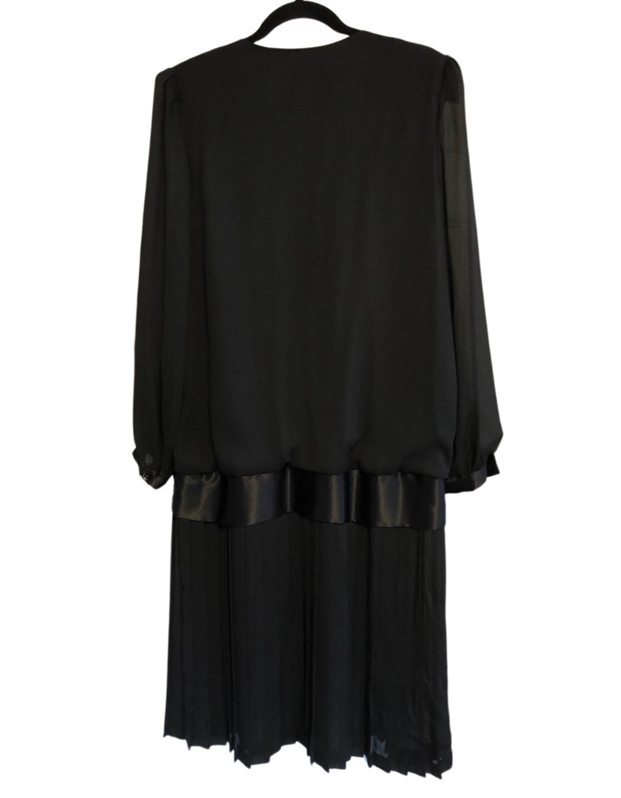 vtg LADY CAROL Black Chiffon Blouson Dress Sz 14 Pleated Drop Waist 80s 90s