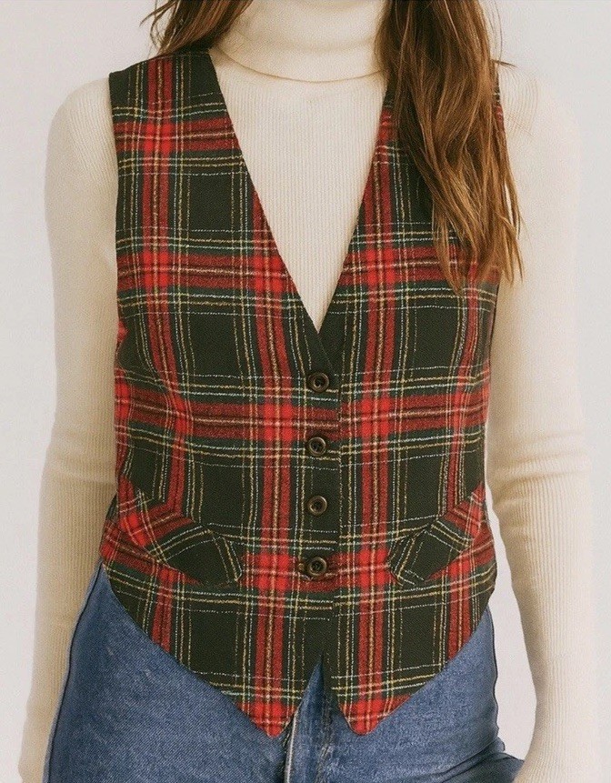 Vintage Carol Anderson Red Tartan Plaid Metallic Vest Women’s 8 Made in USA 90s