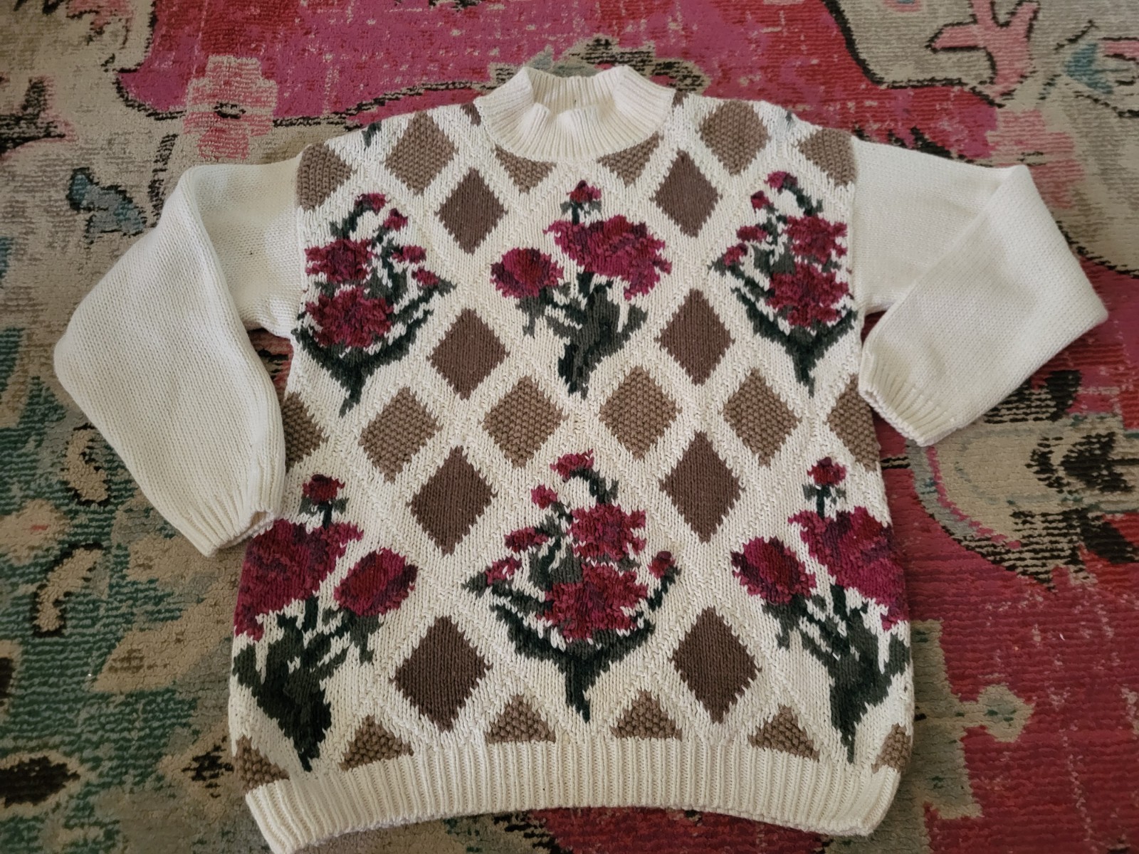 VTG Knit by Hand Chrysantheme womens L sweater pink floral HEAVY garden cottage