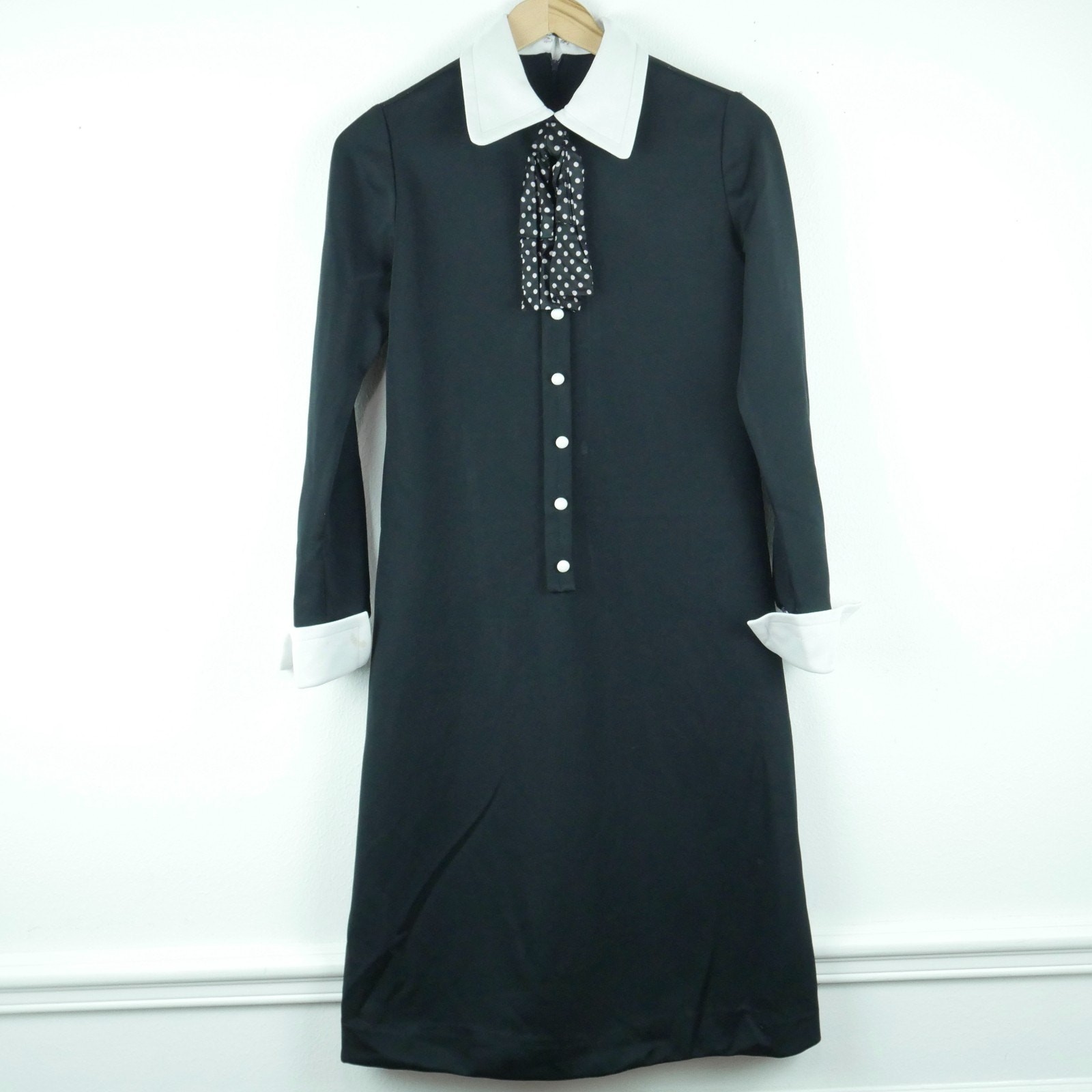 Vintage XS S Dress Wednesday Black Shift Academia 60s Retro Schoolgirl Twee