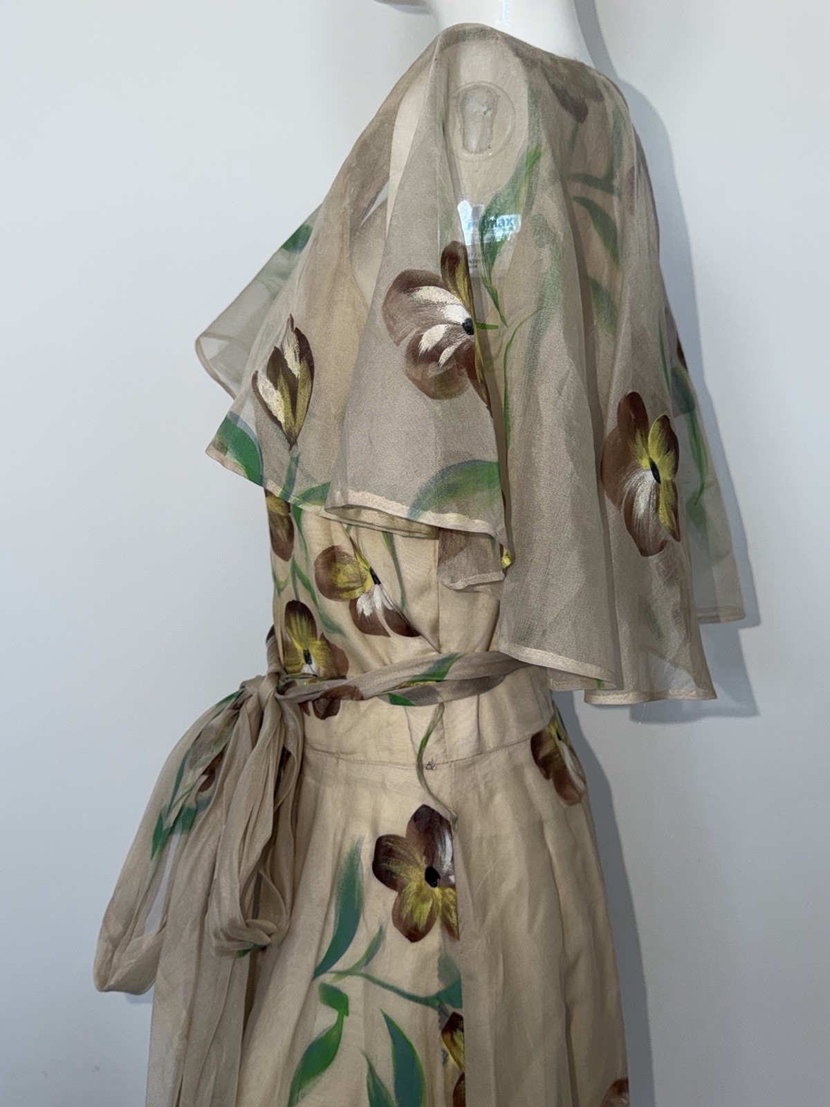 Vintage 1930s Hand Painted Cream Elegant Silk Chiffon Organza Garden Party Gown