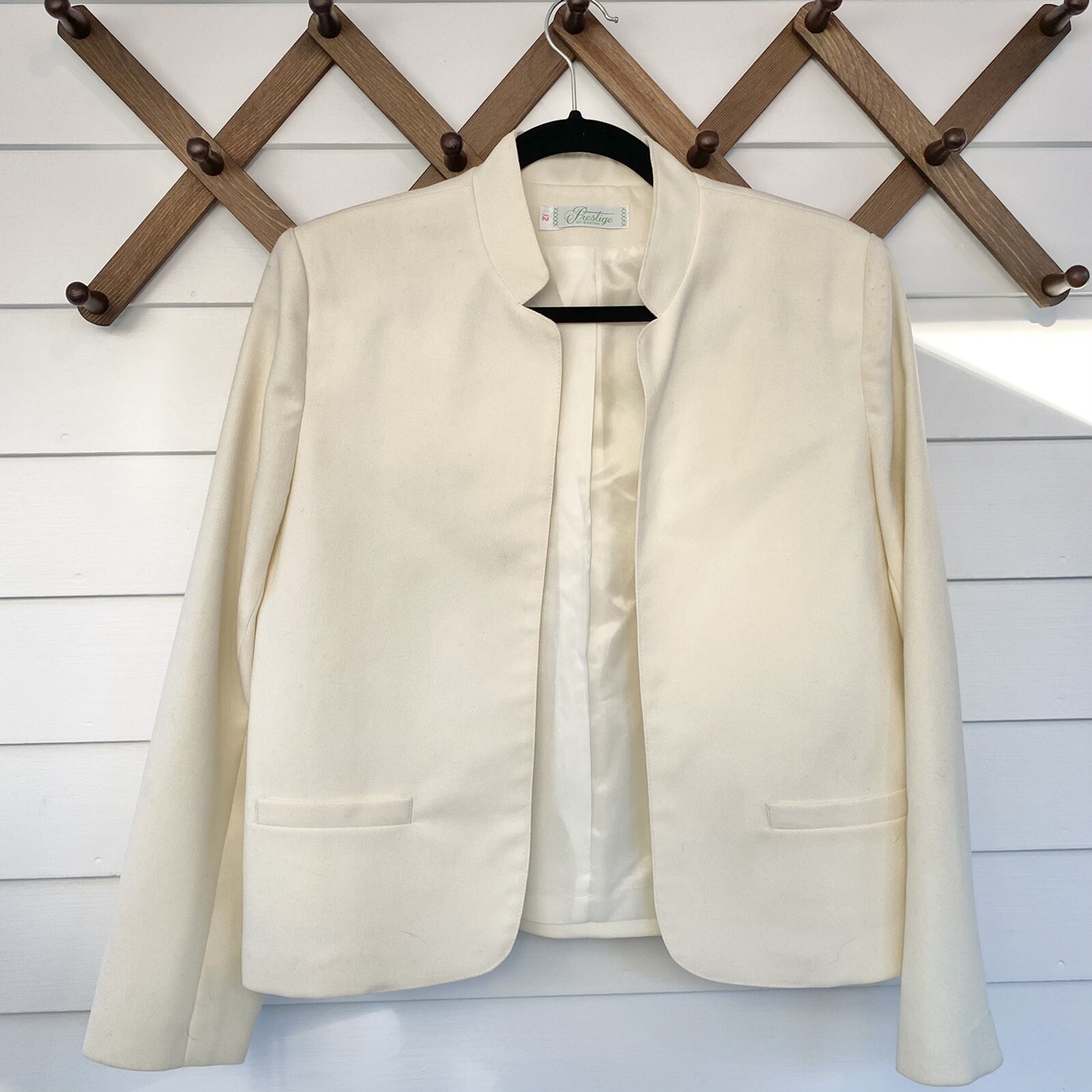 Vintage Prestige Of Boston Off White Open Front Jacket size 12 Classic Blazer