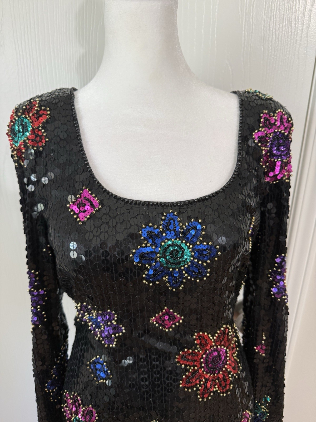Nite Line Della Roufogali Vintage Sequin 80s Long Sleeve Black Party Dress 8