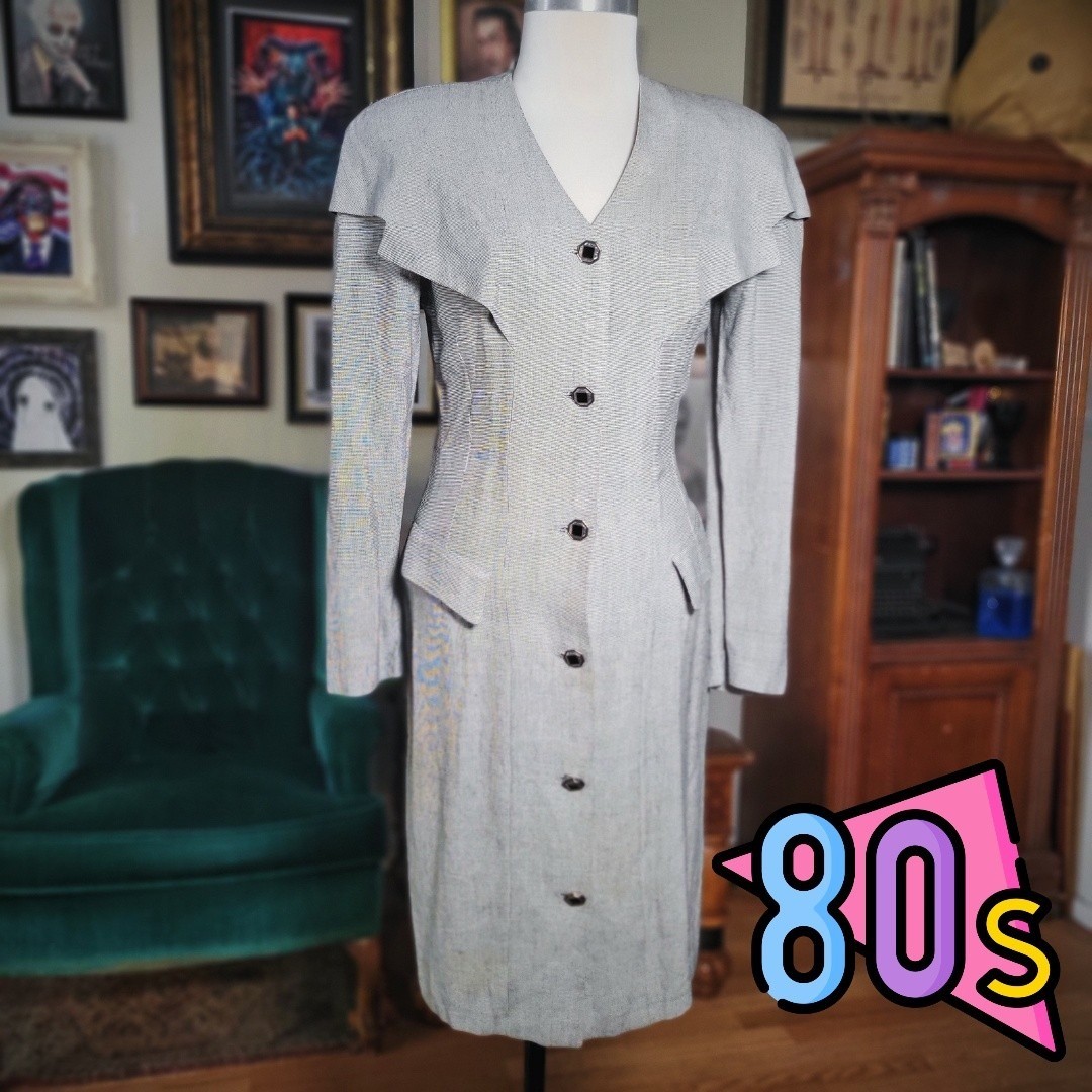 Vintage 80s DB Designs Grey Button Front Power Suit Sheath Dress Shoulder Pads S