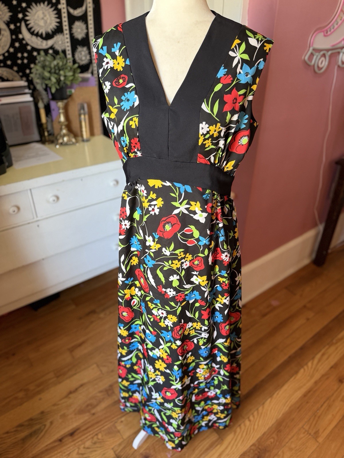 1970s Maxi Dress Floral Avalon Classics Boho Hippie Vintage Frock Size 14