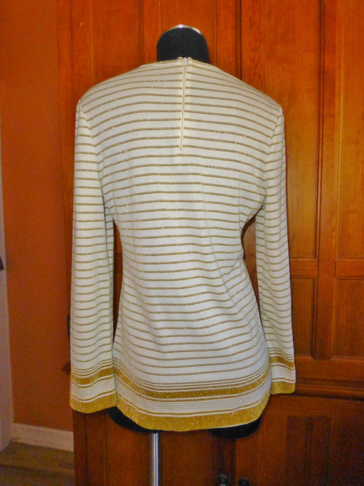 Vtg 70s GOLD Metallic Stripe Ribbed Knit Retro Cocktail TOP SWEATER Tunic M