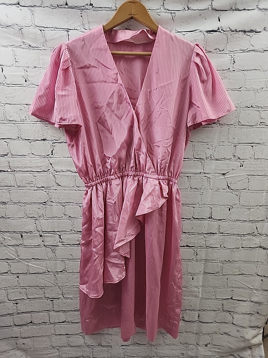 Vintage 80s Shirt Dress Pink Stripe Satin Secretary 24-26 Waist 4/6 USA