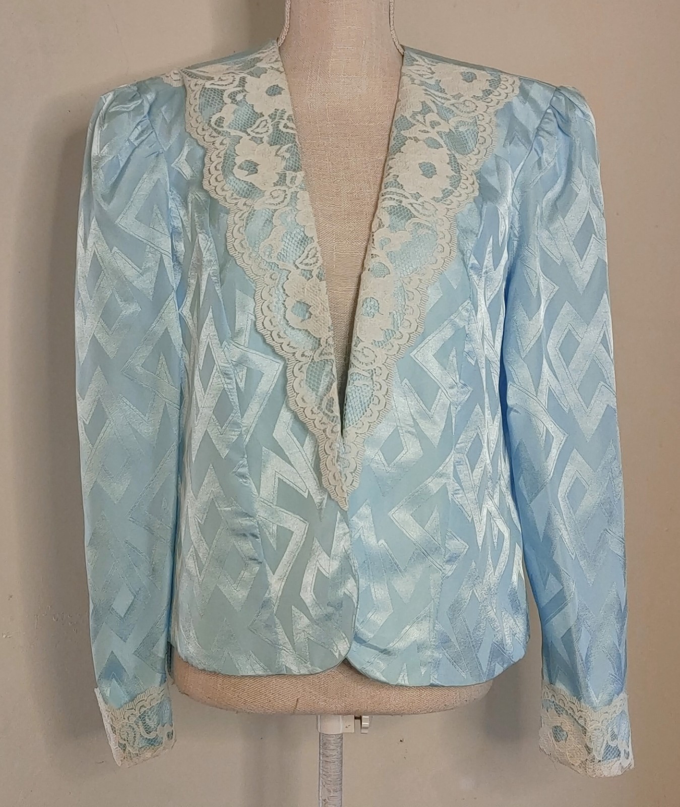 Vintage Dress Jacket 1980’s Baby Blue Satin Lace Formal Club Retro 18 Made USA