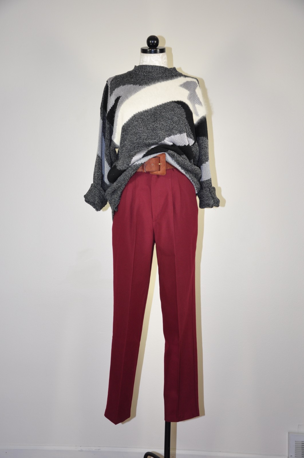 90s Vintage Gray Angora Rayon Colorblock Crewneck Boyfriend Sweater Women M L