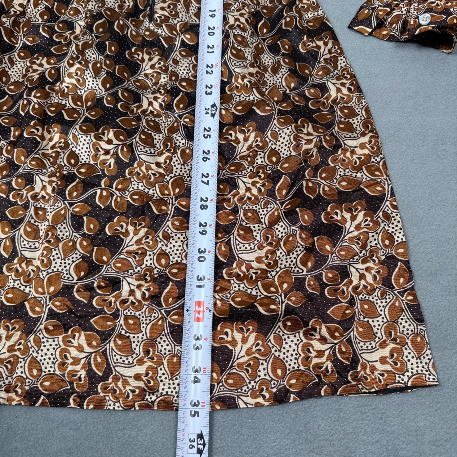 Vintage 70s Whistle Stop Shirt Dress Zip Front Leaf Print Brown Boho S/M