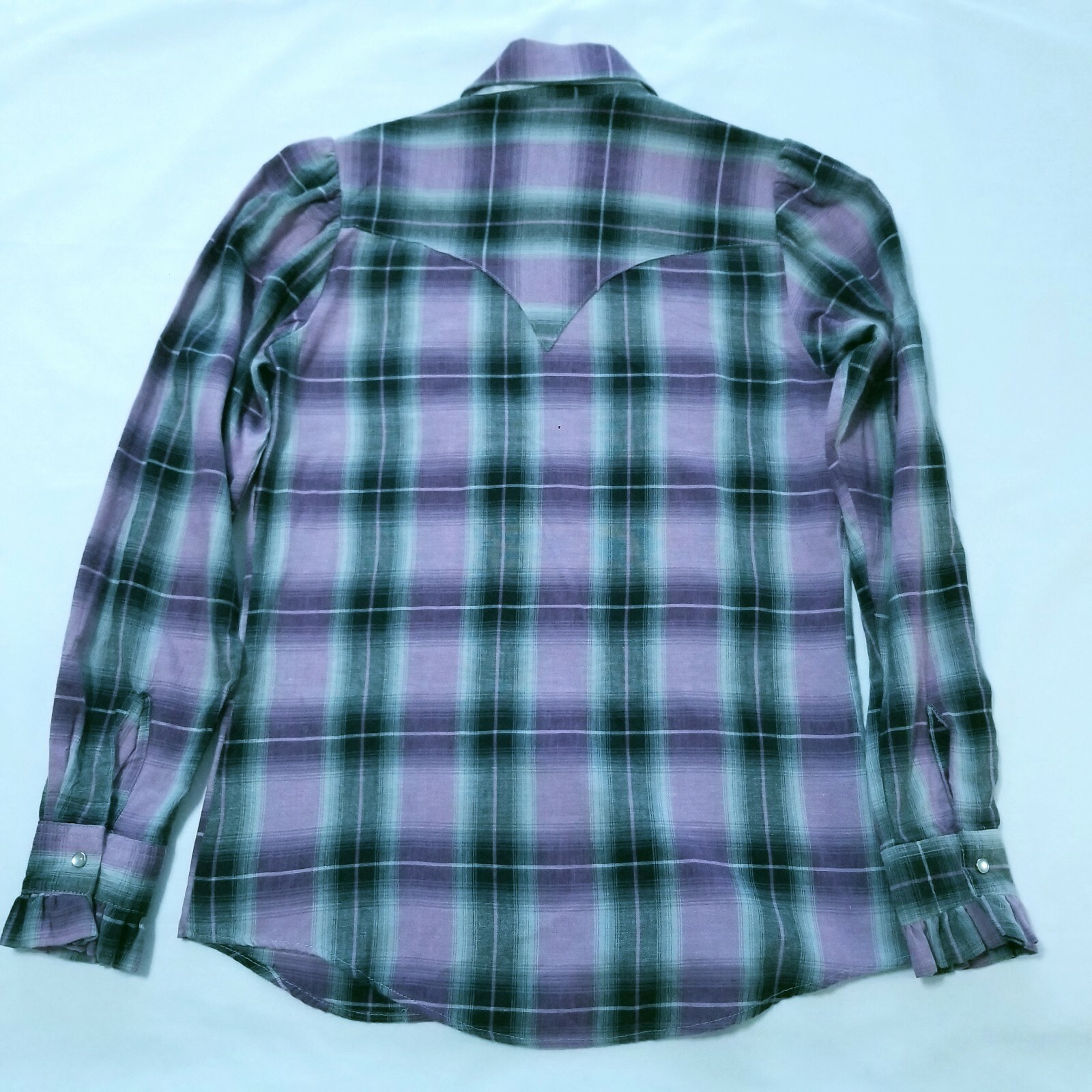 Vtg Rockmount Ranch Wear Purple Gray Plaid Pearl Snap Sz 32 Fitted w/Tie Western