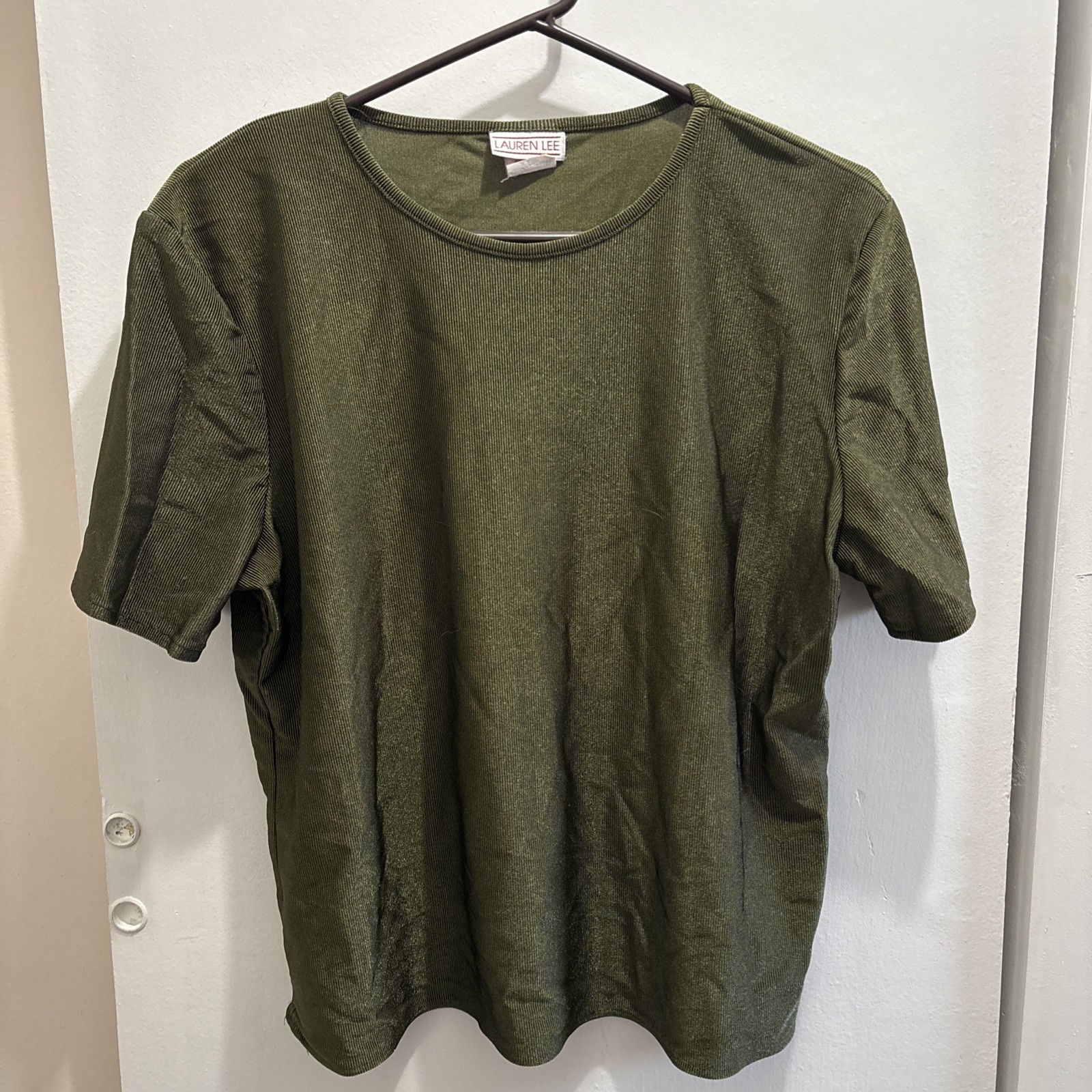 Vintage Lauren Lee Womens Blouse Short Sleeve Shirt Olive Green Ribbed Shiny L