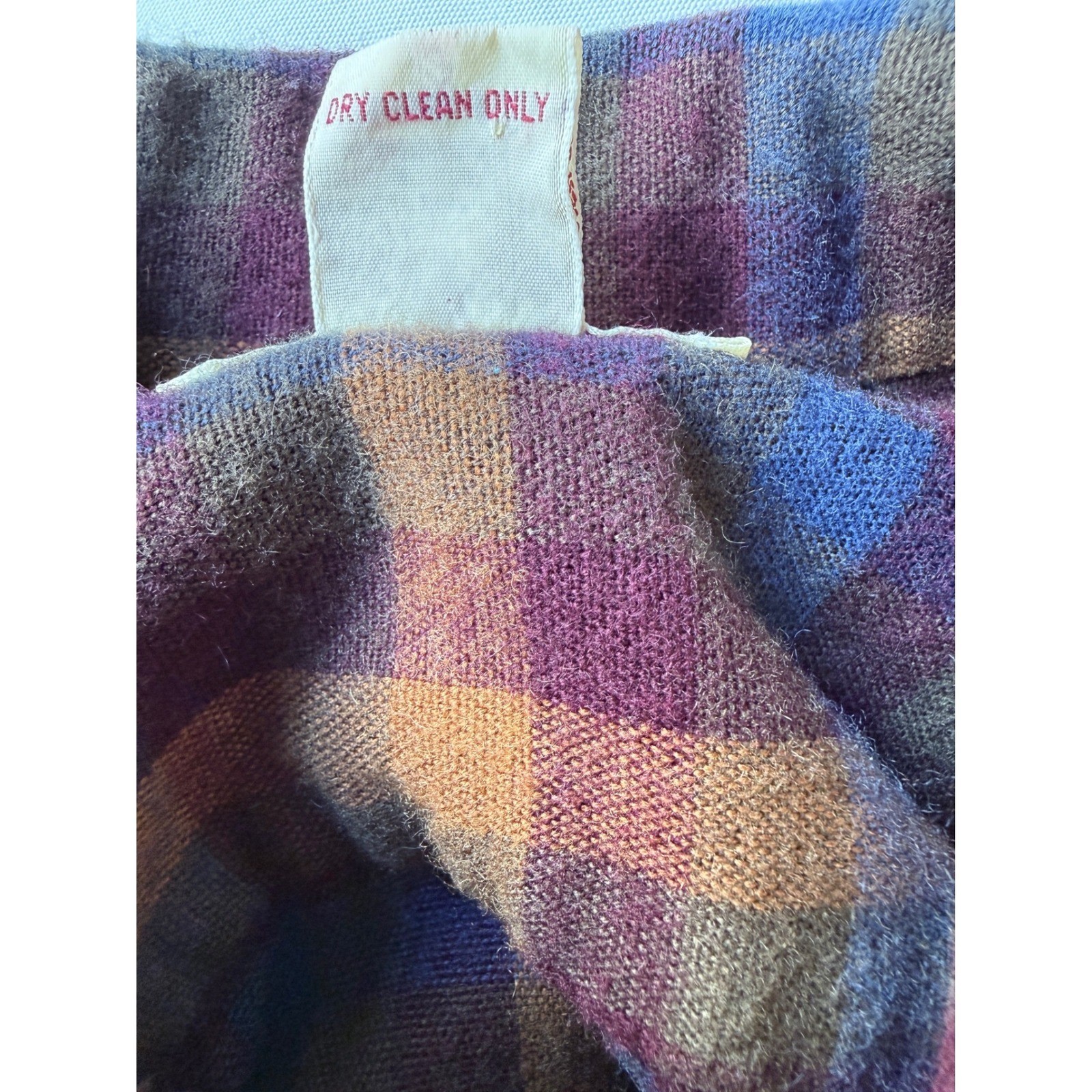 Vintage Calvin Klein Plaid Wool Blend Button Front Shirt Burgundy Gold Blue 8