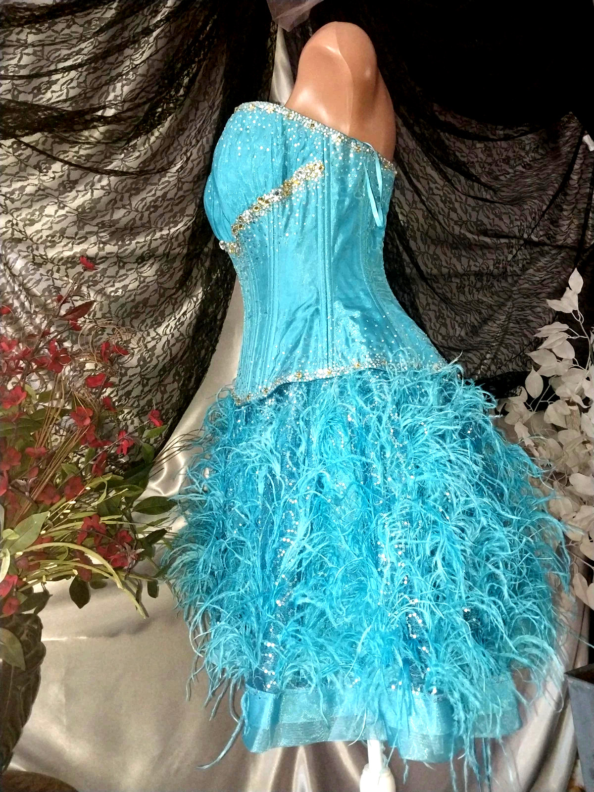 VTG Satin Burlesque Corset SHOW GIRL Skirt Set Drag AVANT La Cage Blue Dress