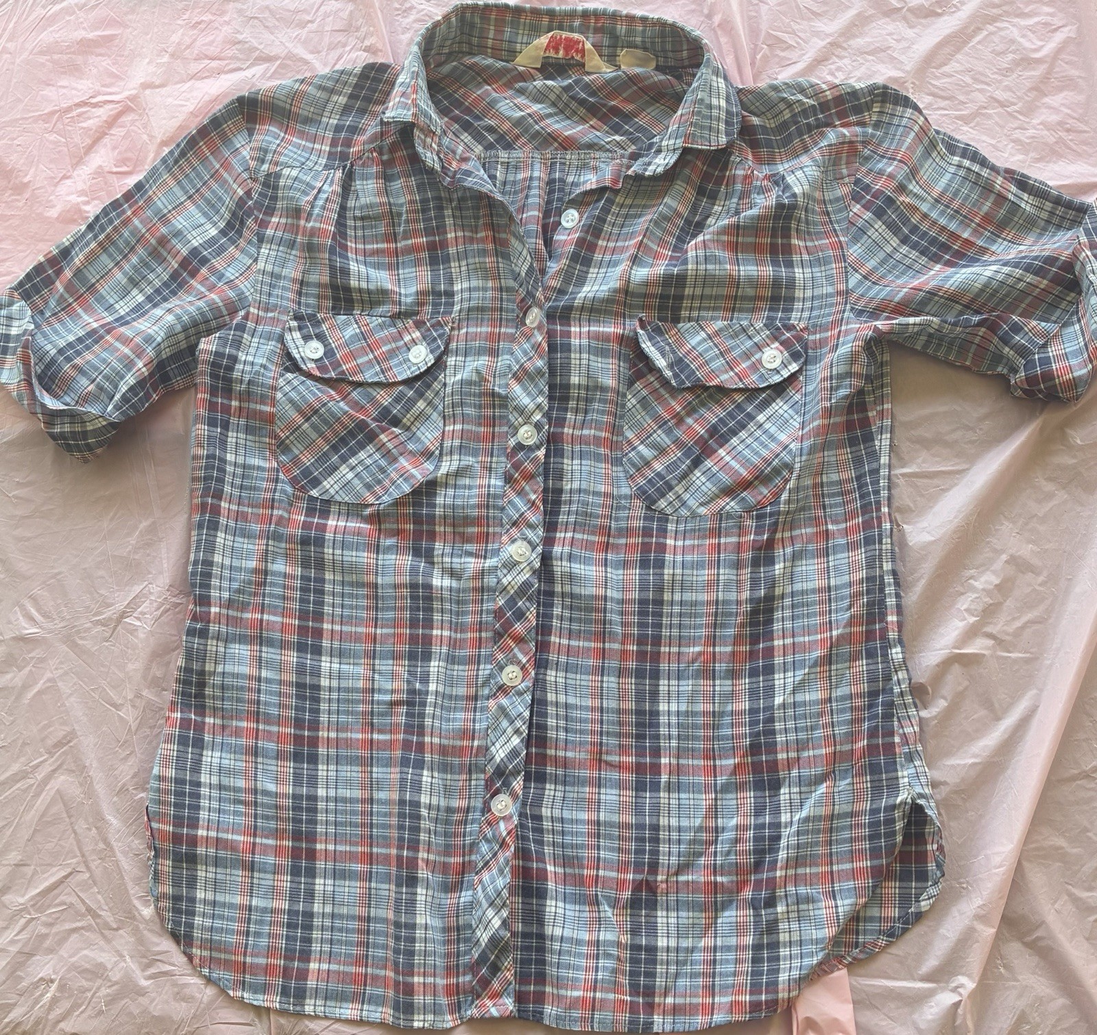 Jean Nicole Women’s Vtg 50s Blue Red Plaid Button-Up Shirt Short Sleeve Pockets