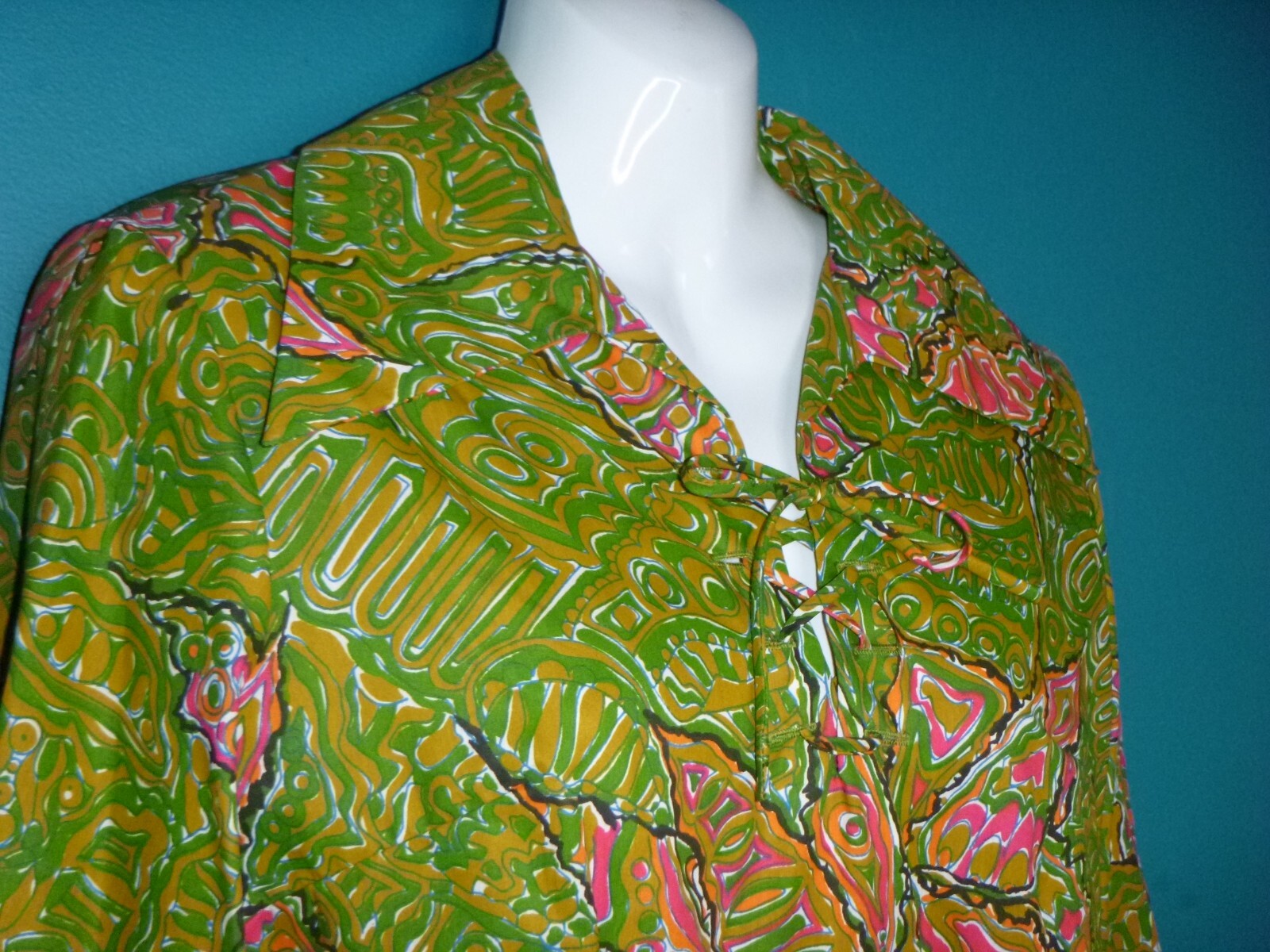 NWOT Vtg 70s Lasso Western Wear Lace Front Shirt Psychedelic Green Pink Sz M/L