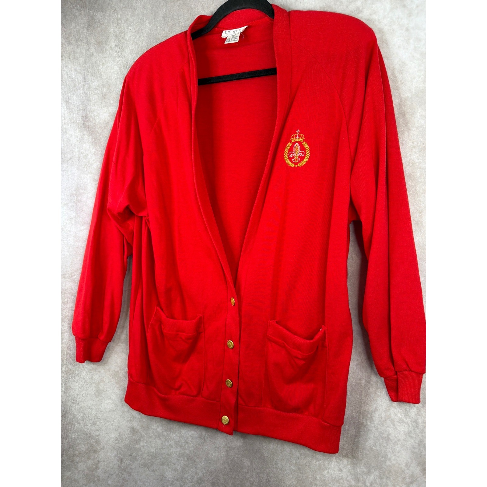 VTG 80s DB Sport David Benjamin Red Cardigan Sweater Gold Crest Buttons Large