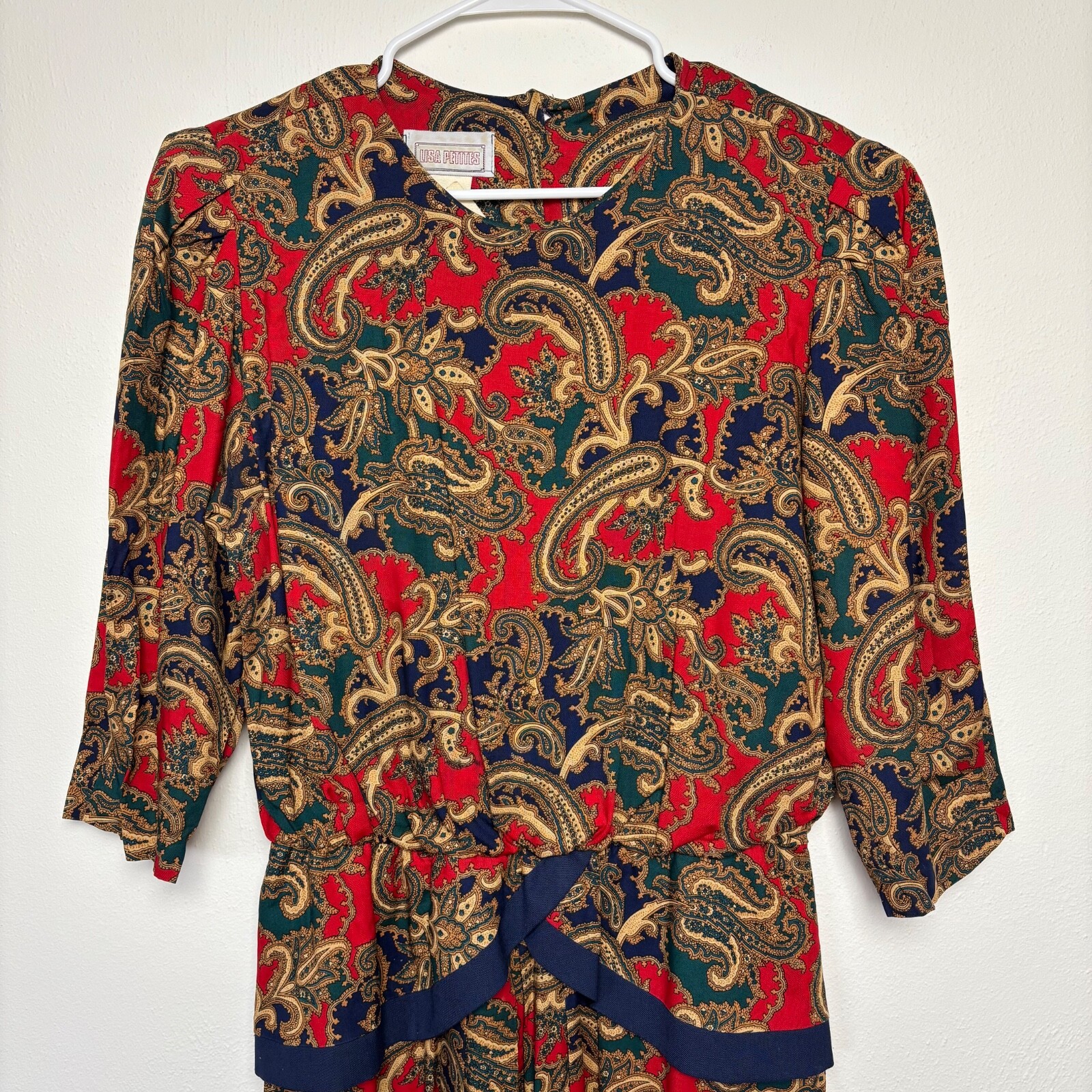 Vintage Lisa Petites Peplum Dress SZ 16 Red Paisley 3/4 Sleeve 80s Secretary