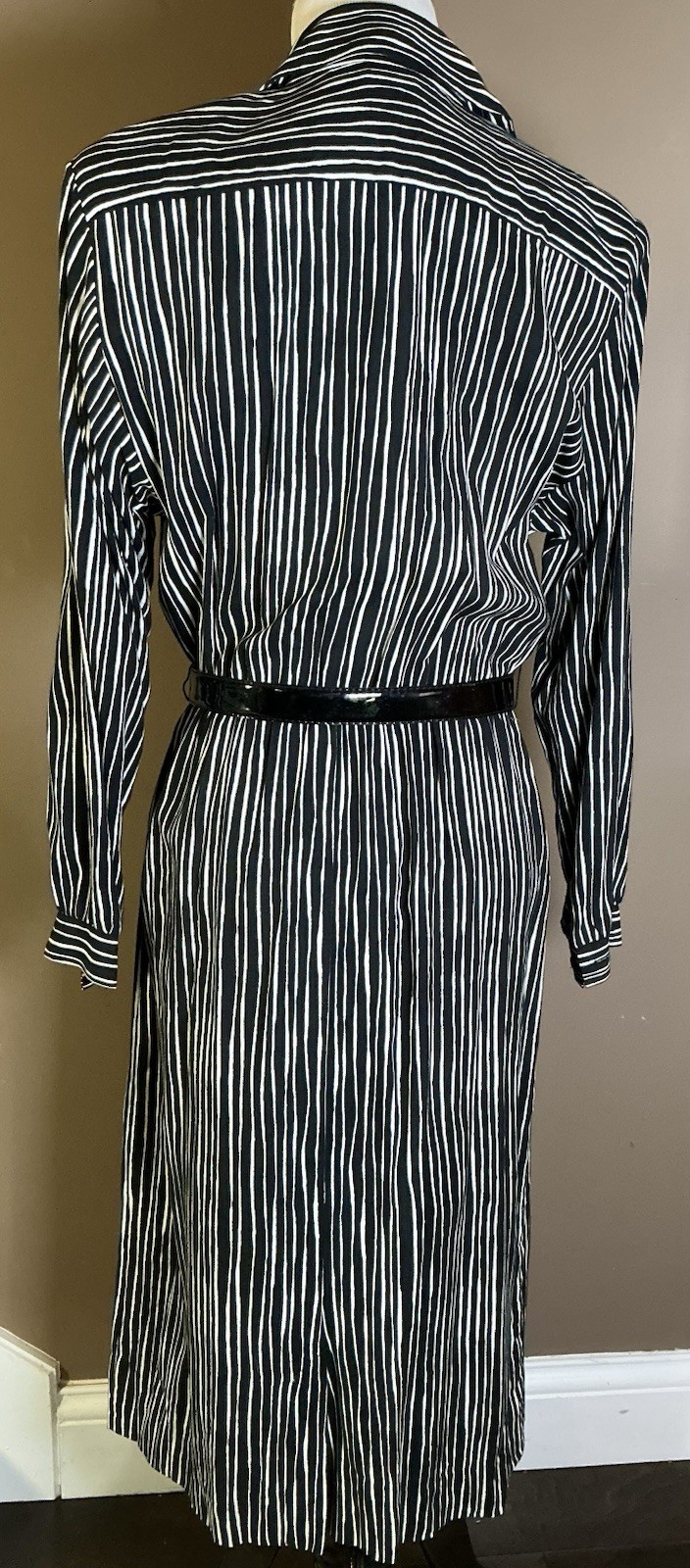 Vintage Petites By Willi 80s 90s Belted Black White Striped Shirt Dress