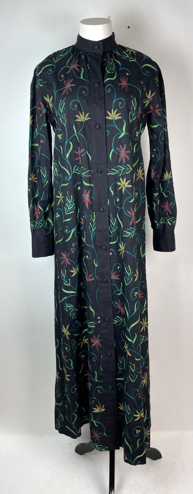 Vintage Y2K High Collar Black Embroidered Long Sleeve cotton shirt Dress M 38″