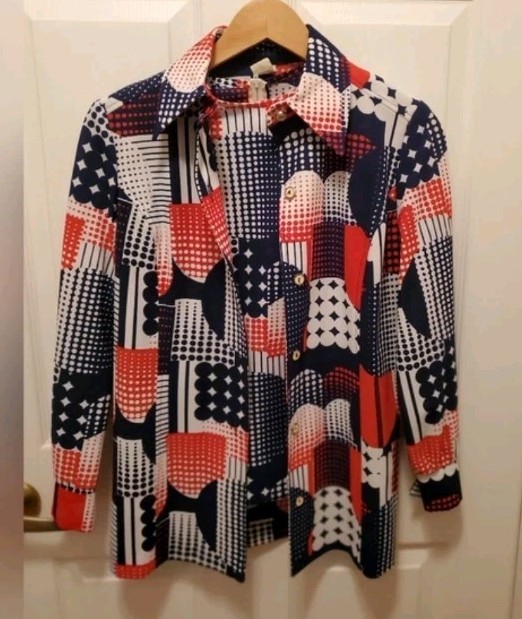 Vtg 70’S Mod Geometric McM Twinset Long Sleeve Polyester Retro Red White Blue