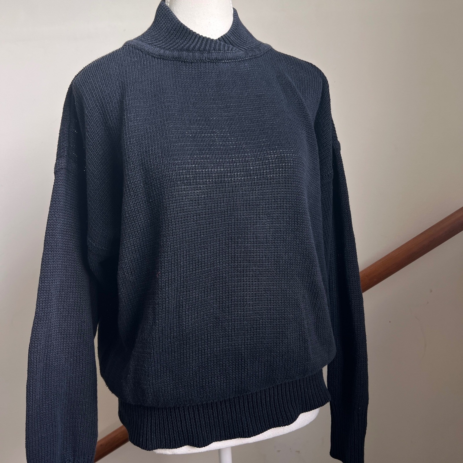 Vintage Baggy Minimalist Sweater Black Button Back Unique Mock Neck Knit Top M